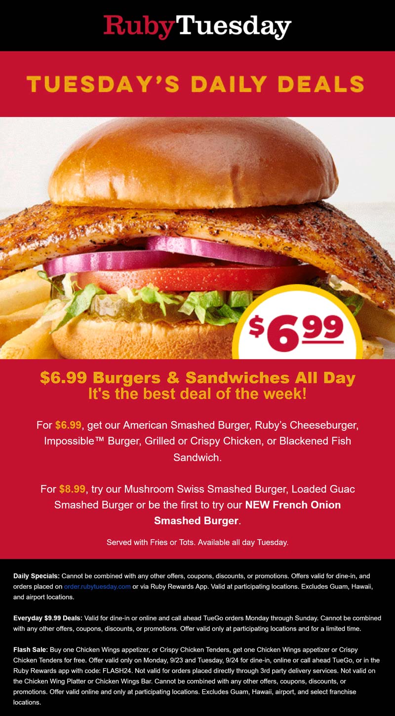 Ruby Tuesday restaurants Coupon  $7 burgers & chicken or fish sandwiches + fries today at Ruby Tuesday #rubytuesday 