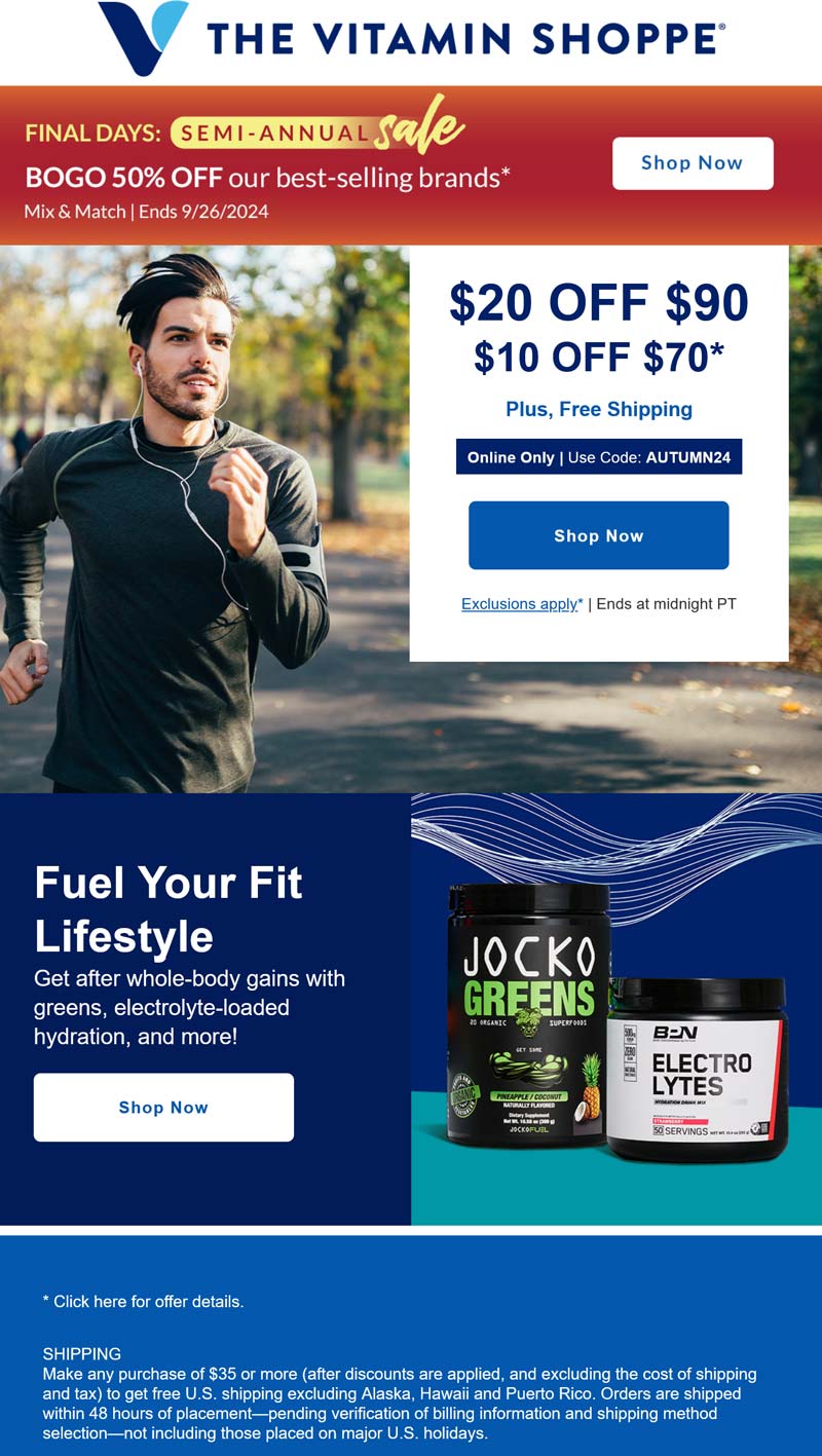 The Vitamin Shoppe stores Coupon  $10-$20 off $70+ today at The Vitamin Shoppe via promo code AUTUMN24 #thevitaminshoppe 