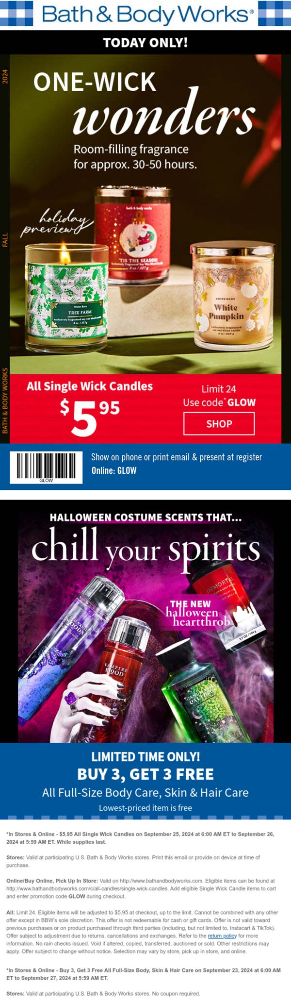 Bath & Body Works stores Coupon  6-for-3 on body care + $6 single wick candles today at Bath & Body Works #bathbodyworks 