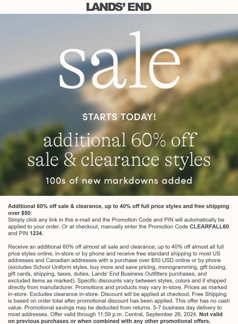 Lands End stores Coupon  60% off sale & clearance at Lands End via promo code CLEARFALL60 and pin 1234 #landsend 