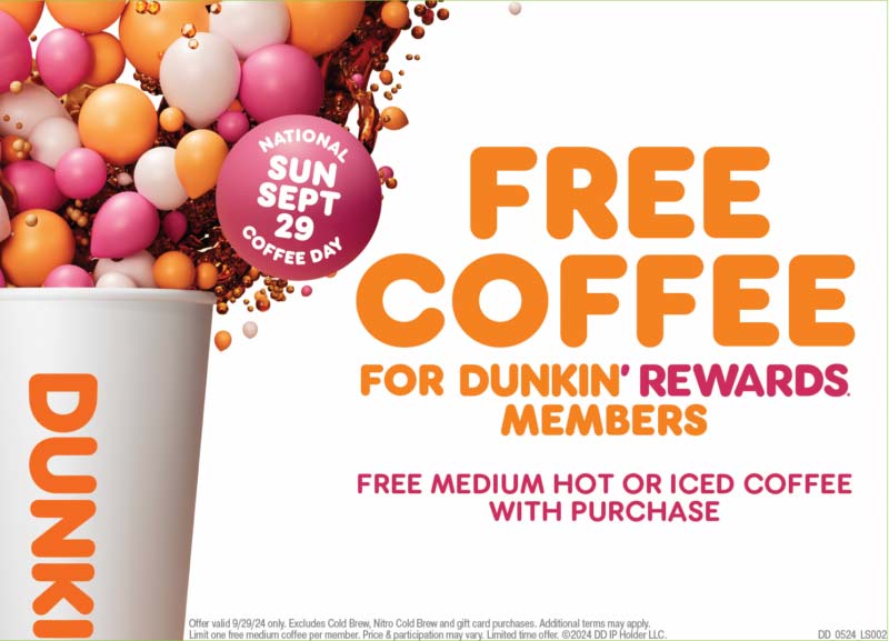 Dunkin restaurants Coupon  Free coffee with your order Sunday at Dunkin Donuts #dunkin 