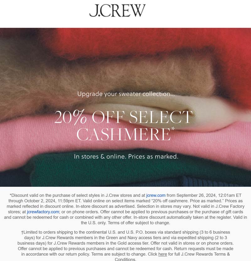 J.Crew stores Coupon  20% off cashmere at J.Crew, ditto online #jcrew 