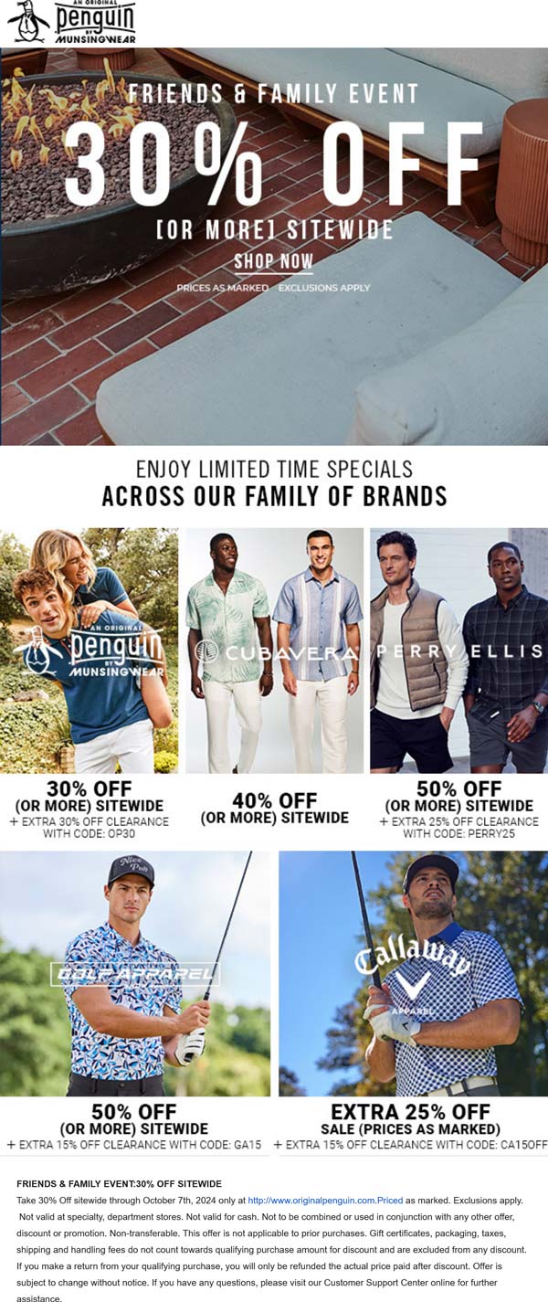 Original Penguin stores Coupon  30% off everything online at Original Penguin & more at their sister brands Callaway, Golf Apparel, Perry Ellis, Cubavera #originalpenguin 