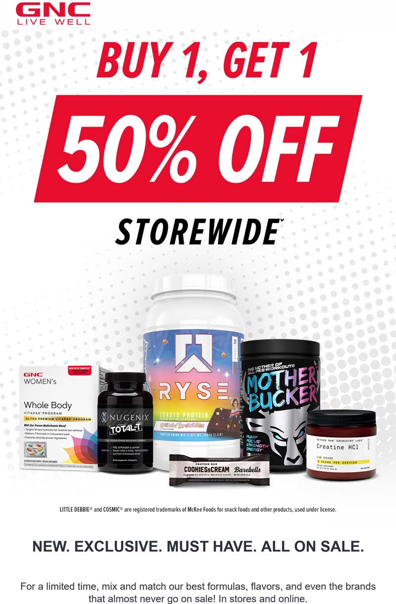 GNC stores Coupon  Second item 50% off on everything at GNC, ditto online #gnc 