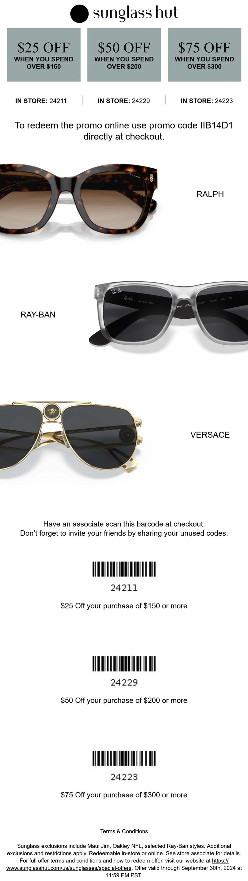 Sunglass Hut stores Coupon  $25-$75 off $150+ at Sunglass Hut, or online via promo code IIB14D1 #sunglasshut 