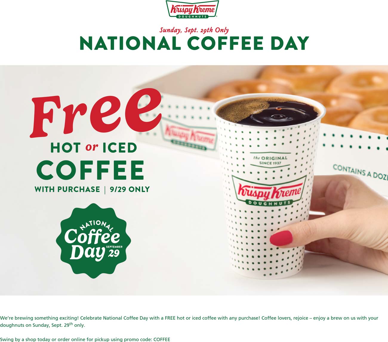 Krispy Kreme restaurants Coupon  Free coffee with your order Sunday at Krispy Kreme doughnuts #krispykreme 