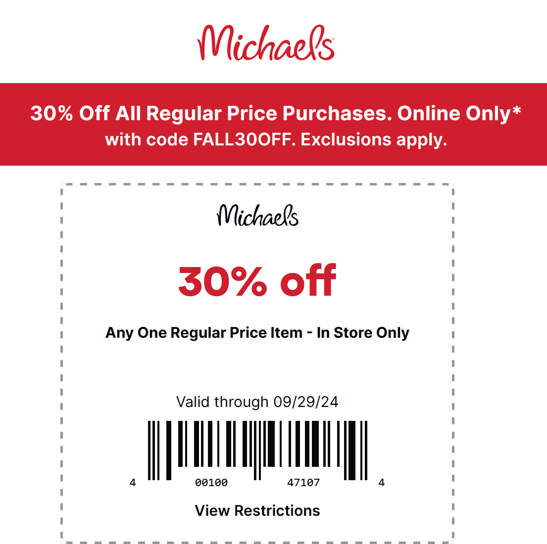 Michaels stores Coupon  30% off a single item at Michaels, or online via promo code FALL30OFF #michaels 