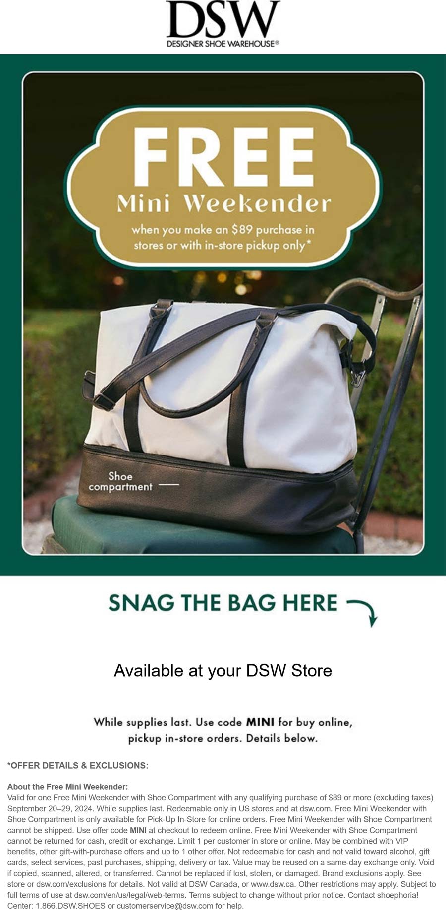 DSW stores Coupon  Free mini weekender bag on $89 today at DSW shoes #dsw 