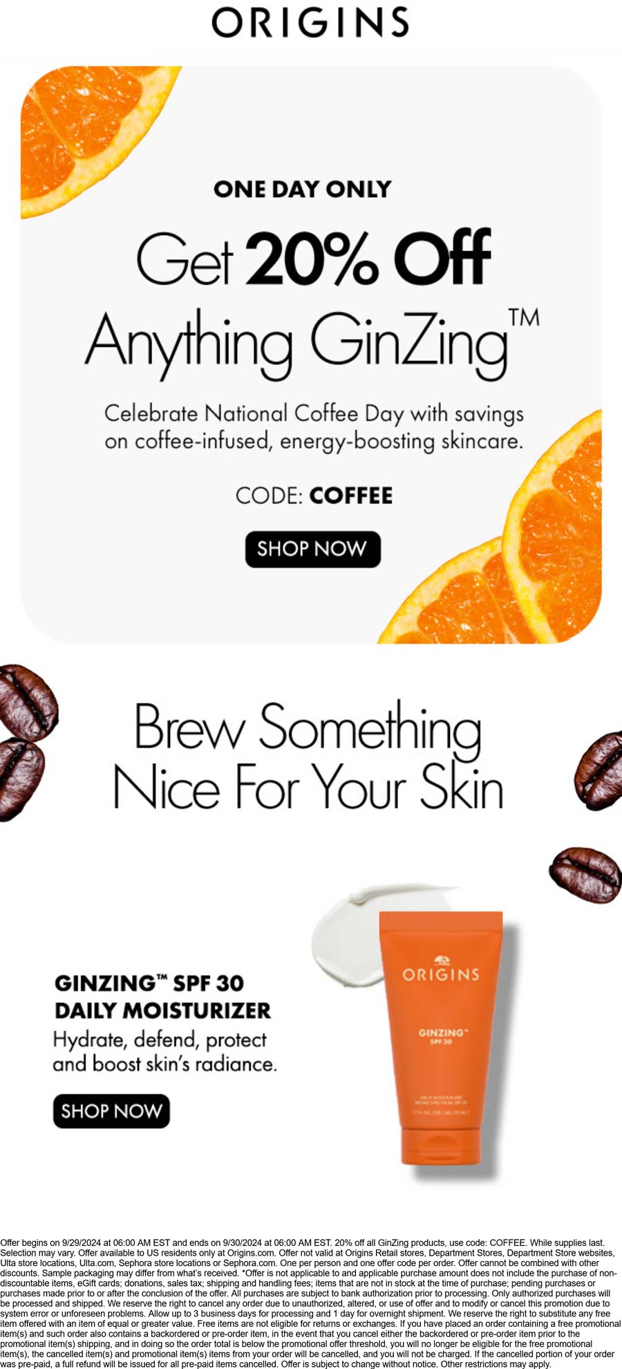 Origins restaurants Coupon  20% off anything GinZing today at Origins via promo code COFFEE #origins 