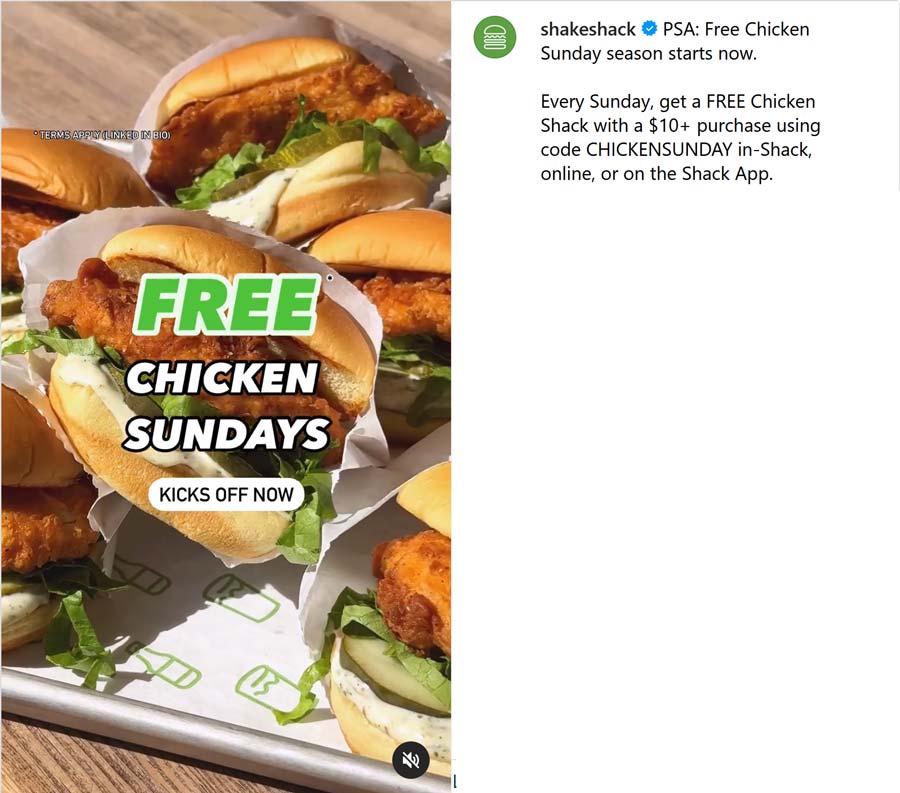 Shake Shack restaurants Coupon  Free chicken sandwich on $10 today at Shake Shack via promo code CHICKENSUNDAY #shakeshack 