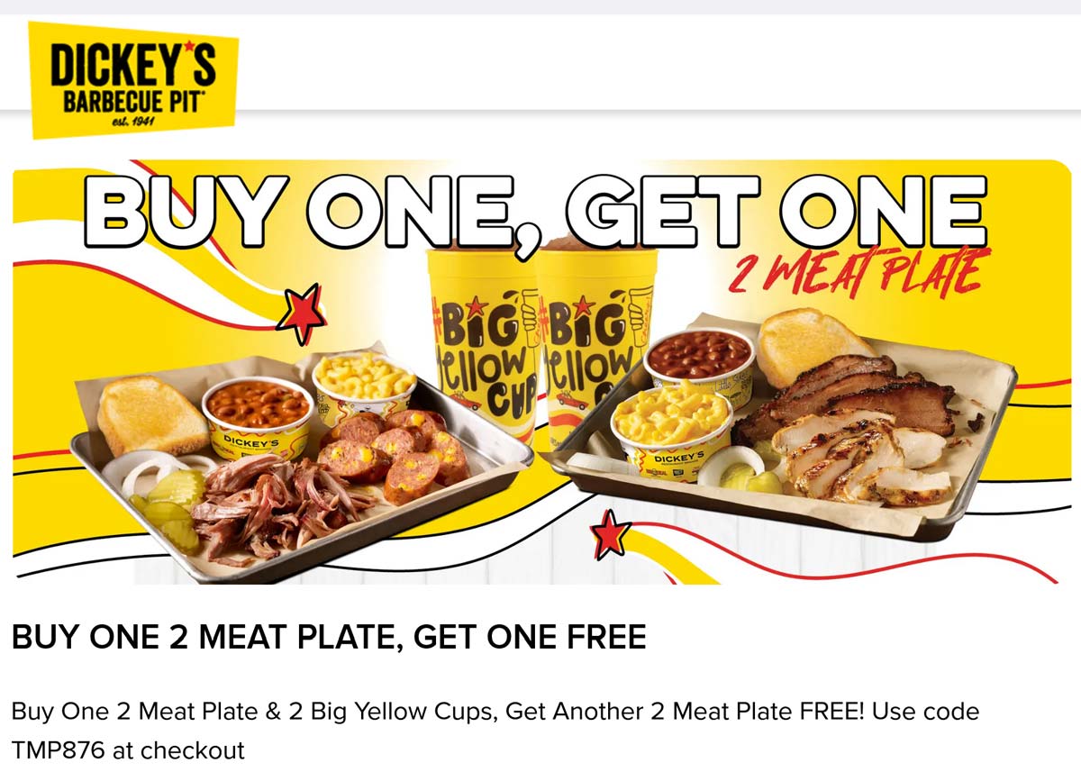 Dickeys Barbecue Pit restaurants Coupon  Second 2 meat plate free at Dickeys Barbecue Pit via promo code TMP876 #dickeysbarbecuepit 