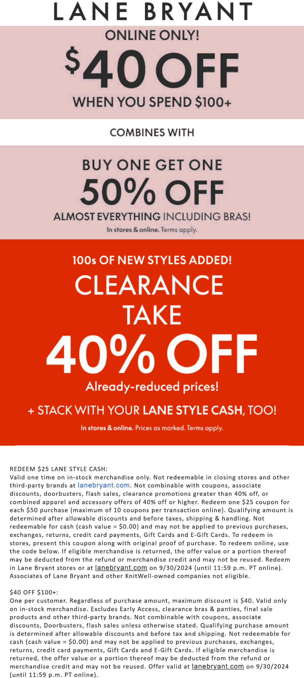 Lane Bryant stores Coupon  $40 off $100 + 50% off second item today at Lane Bryant, ditto online #lanebryant 