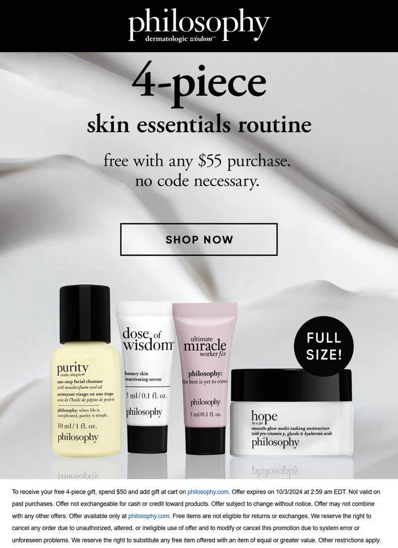 Philosophy stores Coupon  Free 4pc on $55 at Philosophy #philosophy 