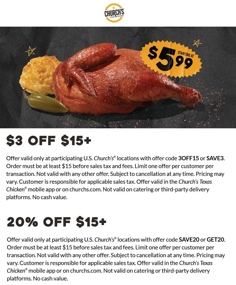 Churchs Chicken restaurants Coupon  $3 off $15 & more at Churchs Chicken via promo code 3OFF15 #churchschicken 