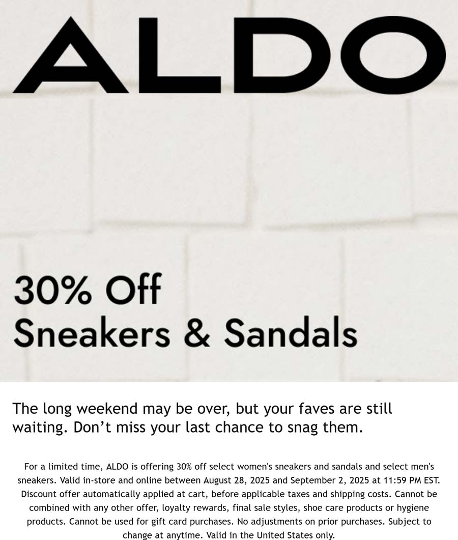 ALDO stores Coupon  30% off sneakers & sandals today at ALDO #aldo 