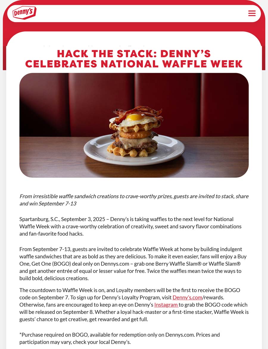 Dennys restaurants Coupon  Second waffle breakfast sandwich free via login at Dennys #dennys 