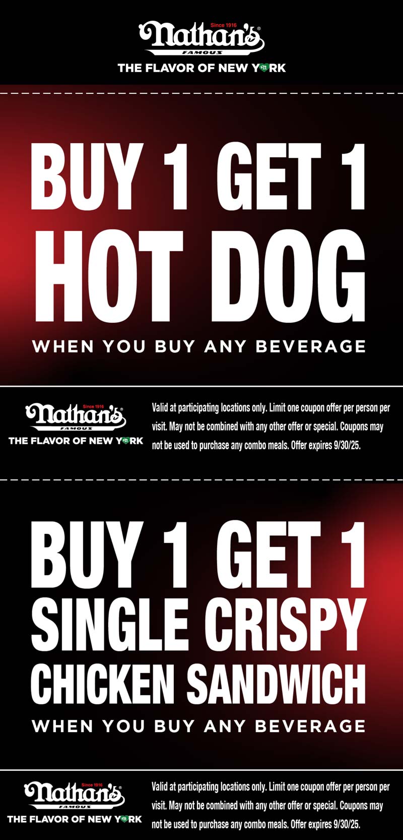 Nathans Famous stores Coupon  Second hot dog free & more at Nathans Famous #nathansfamous 