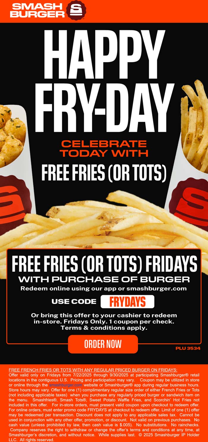 Smashburger restaurants Coupon  Free fries with your burger today at Smashburger #smashburger 