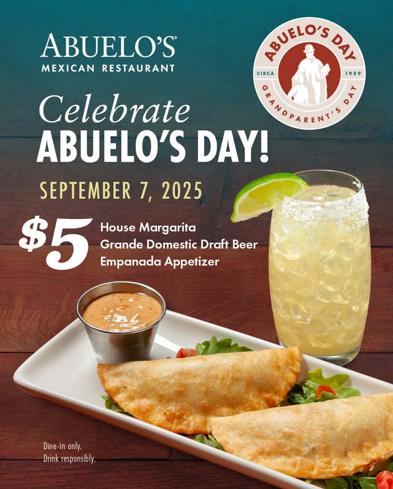 Abuelos restaurants Coupon  Margarita, draft or empanada appetizer = $5 today at Abuelos Mexican restaurant #abuelos 
