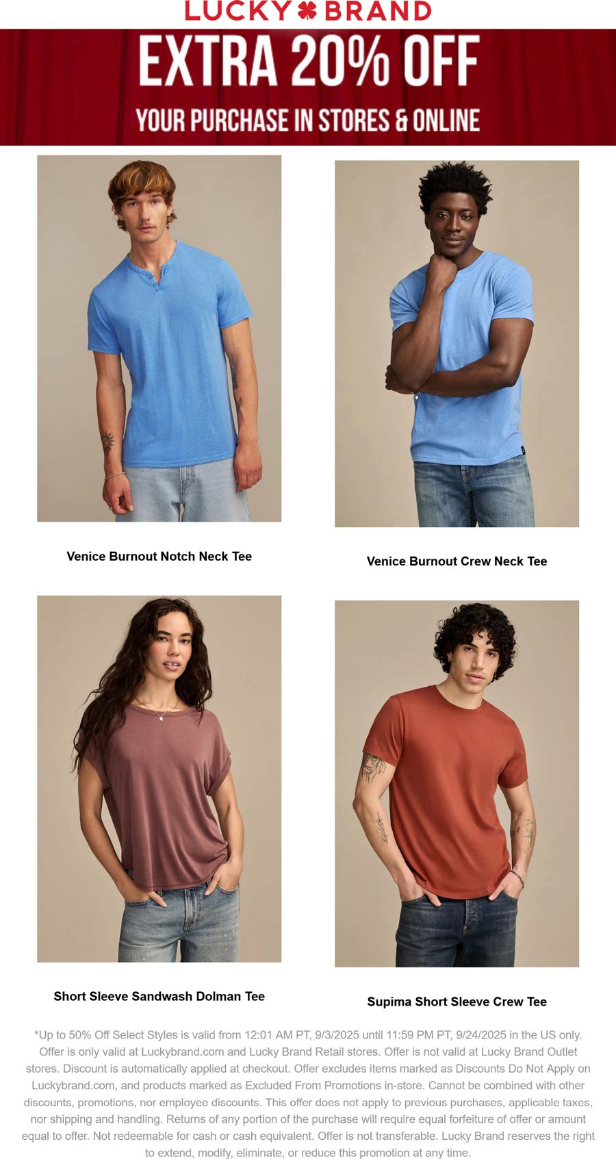 Lucky Brand stores Coupon  Extra 20% off today at Lucky Brand, ditto online #luckybrand 