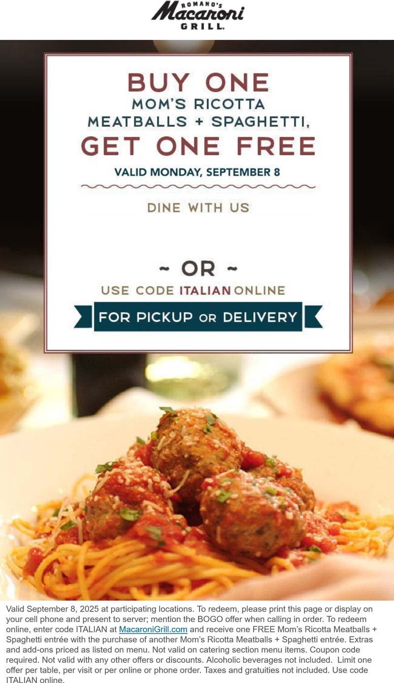 Macaroni Grill coupons & promo code for September 2025