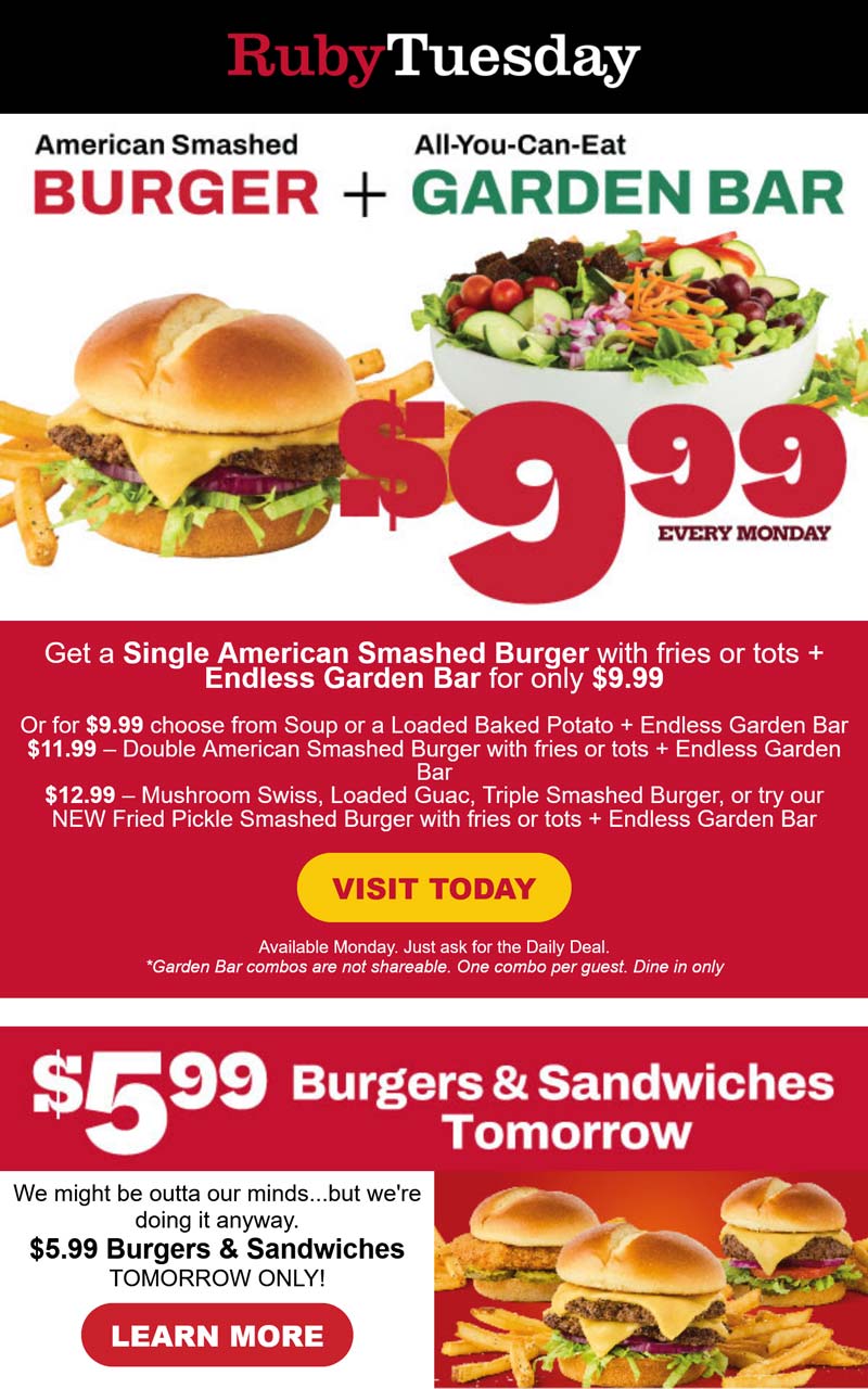 Ruby Tuesday coupons & promo code for September 2025
