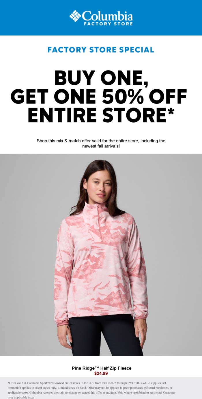 Columbia Factory Store stores Coupon  Second item 50% off at Columbia Factory Store #columbiafactorystore 