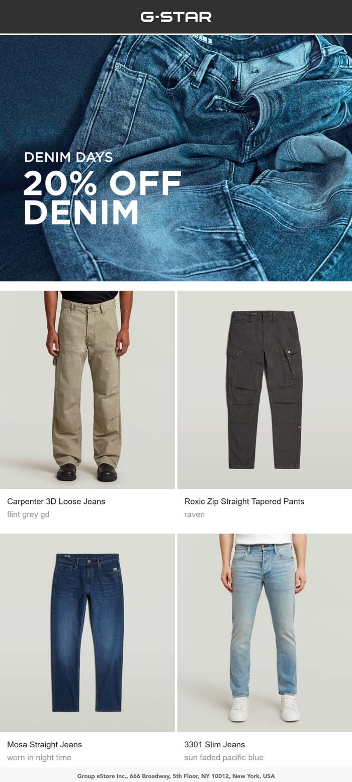G-STAR stores Coupon  20% off denim today at G-STAR #gstar 