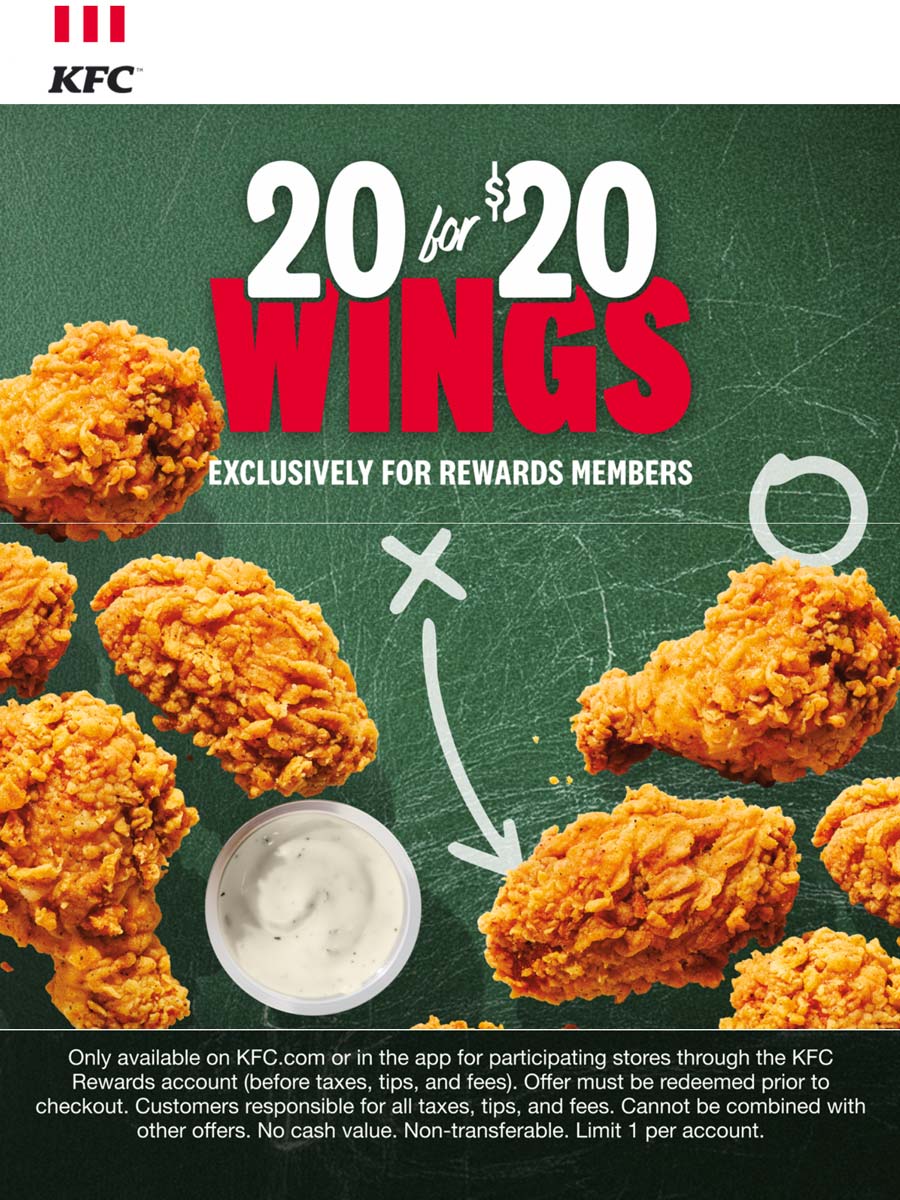 KFC restaurants Coupon  20 chicken wings for $20 via login at KFC #kfc 