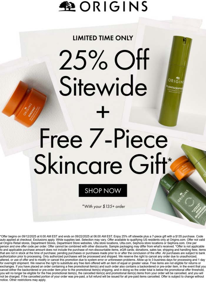 Origins stores Coupon  25% off + free 7pc set on $135 online at Origins #origins 