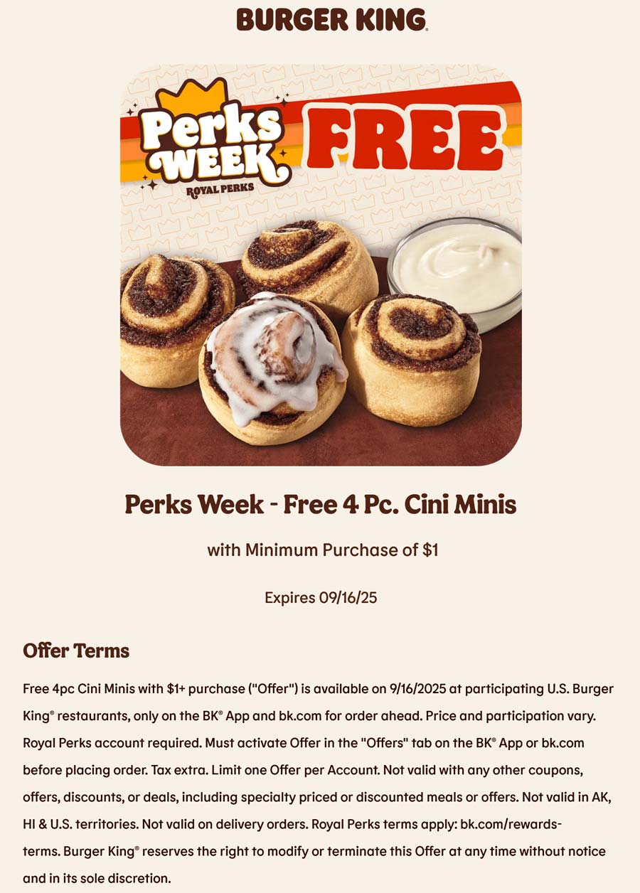 Burger King restaurants Coupon  4pc cini minis free on $1 today at Burger King restaurants #burgerking 