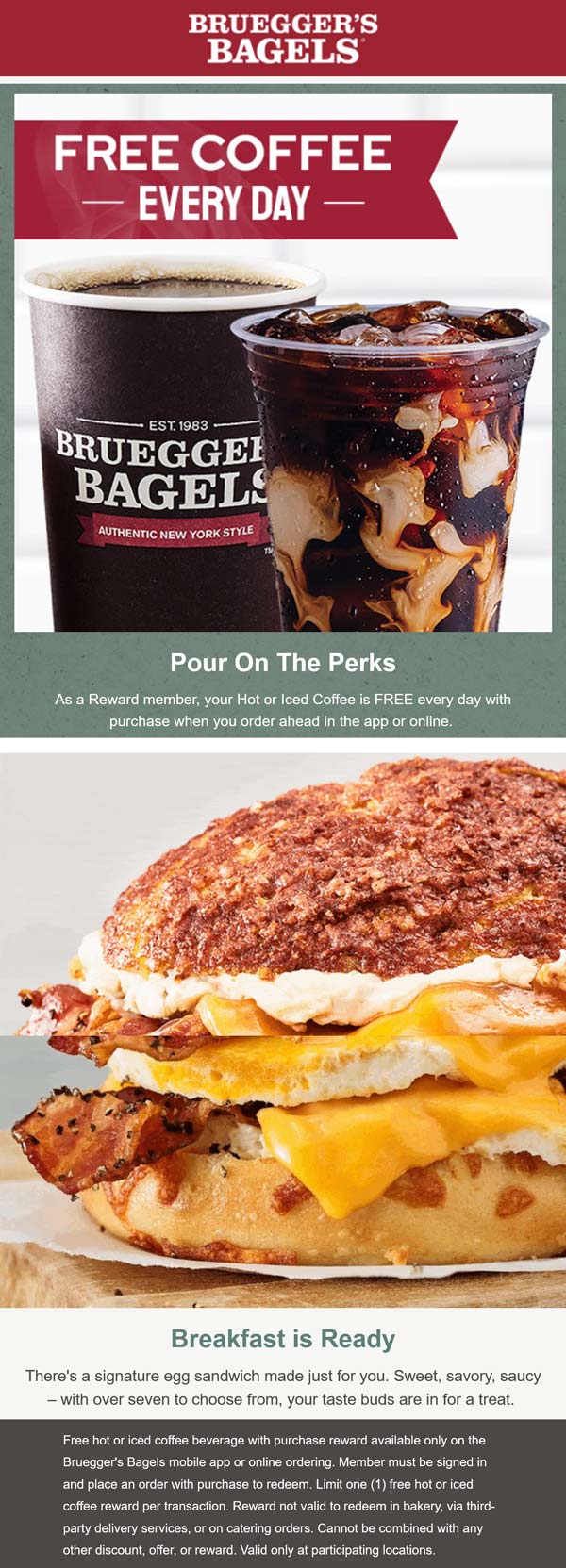Brueggers Bagels restaurants Coupon  Free coffee with any order at Brueggers Bagels #brueggersbagels 