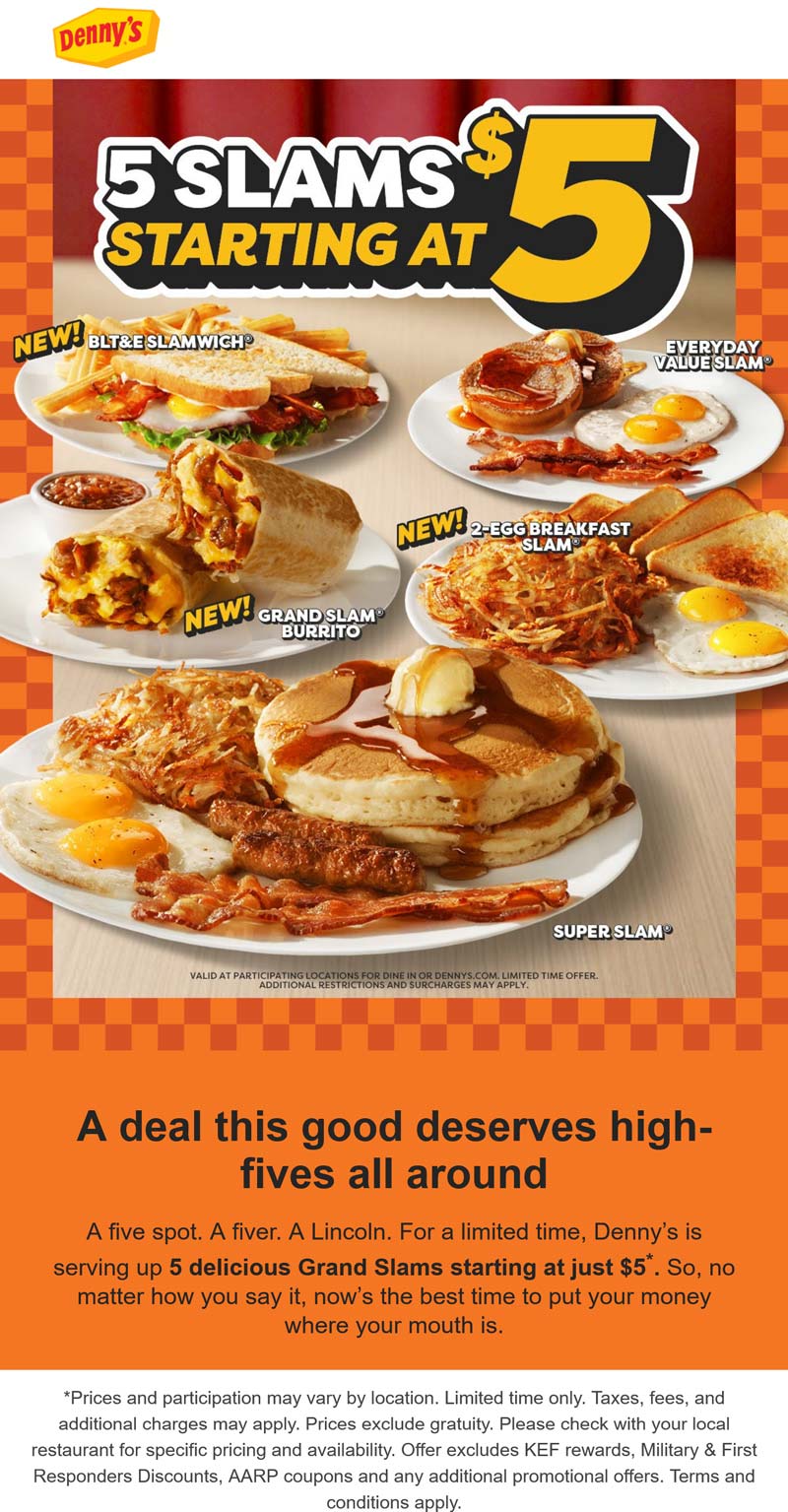 Dennys restaurants Coupon  $5 breakfast & lunch slams at Dennys #dennys 