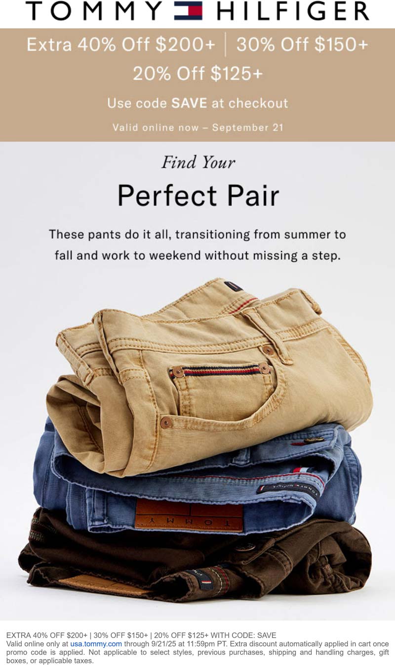 Tommy Hilfiger stores Coupon  Extra 20-40% off $125+ at Tommy Hilfiger via promo code SAVE #tommyhilfiger 
