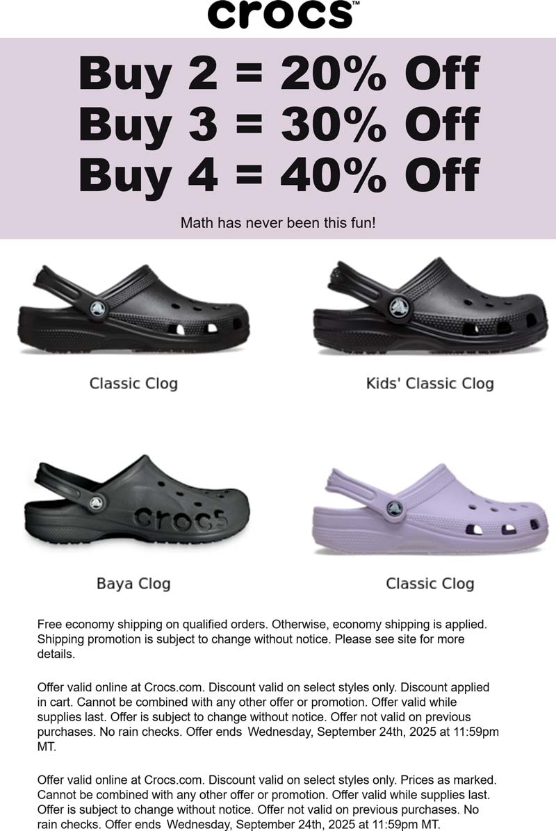 Crocs stores Coupon  20-40% off 2+ pair of Crocs online #crocs 