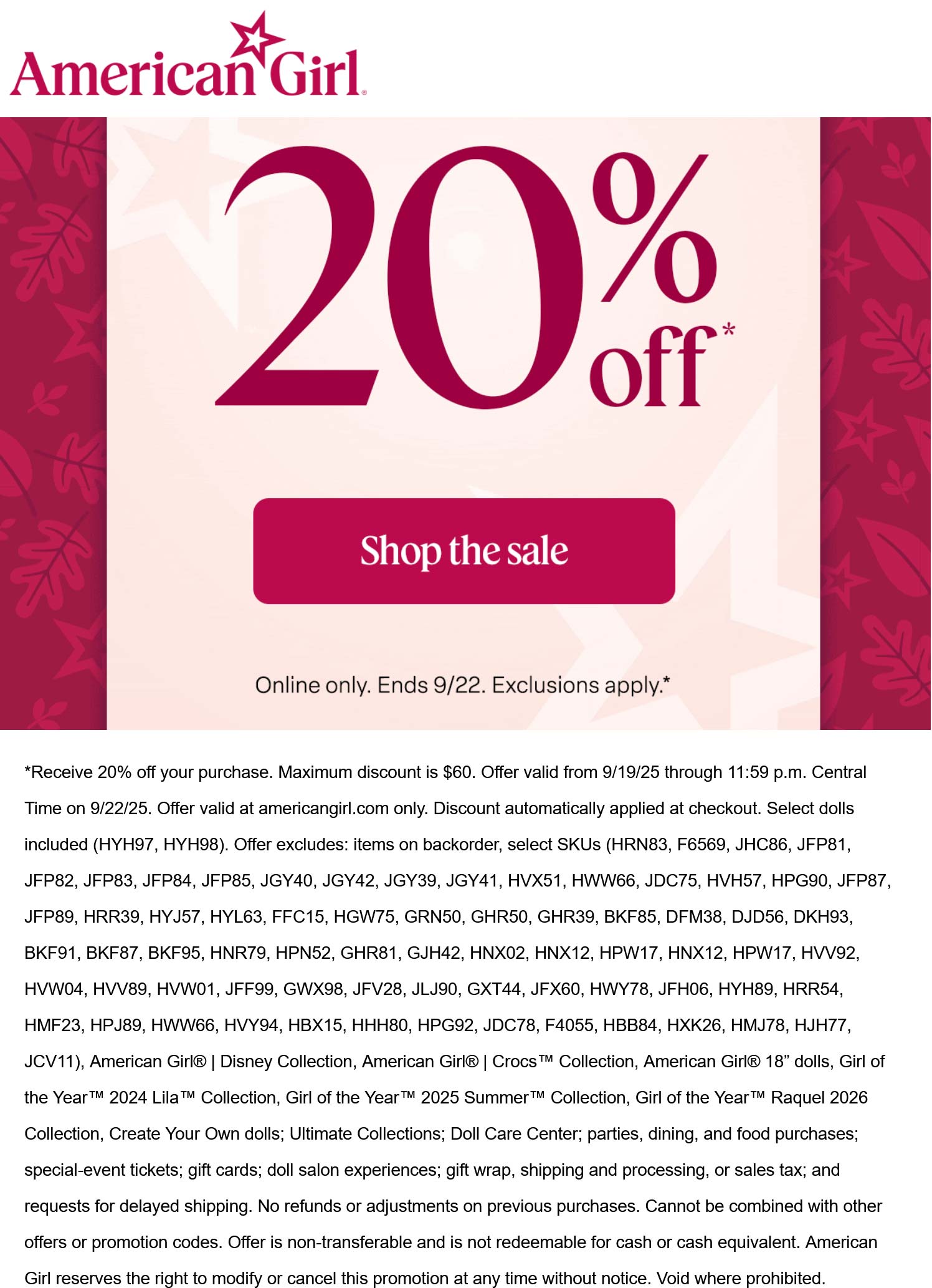 American Girl stores Coupon  20% off online today at American Girl dolls #americangirl 