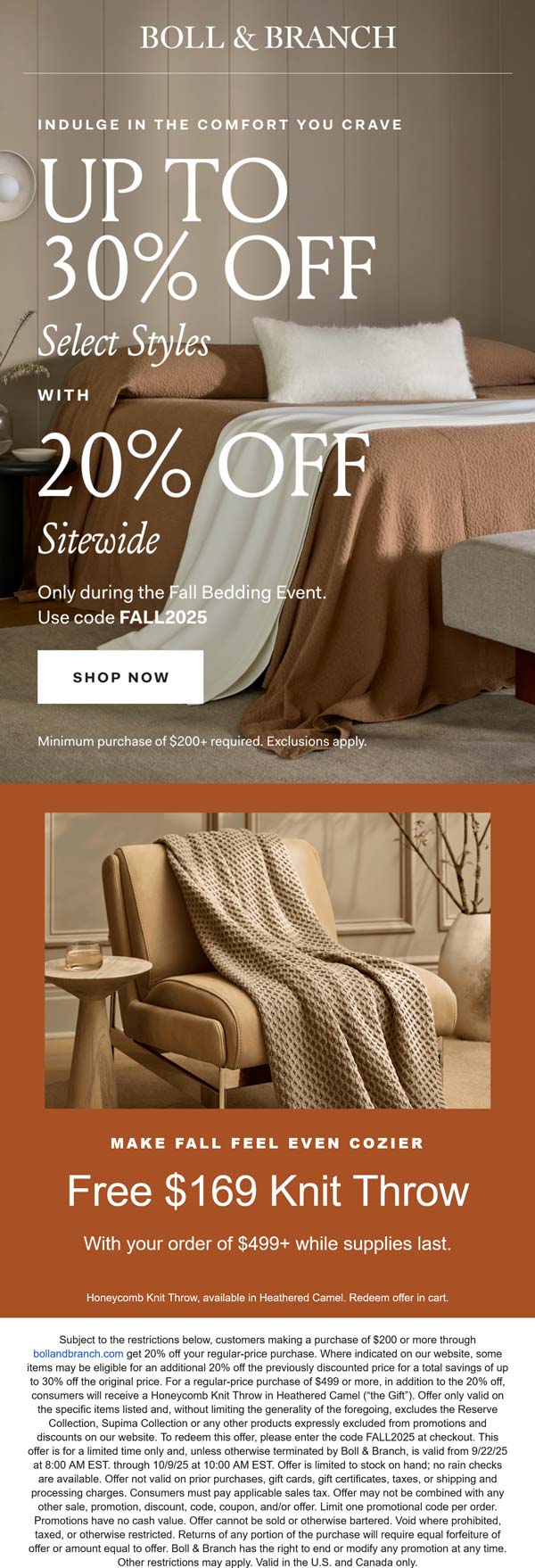Boll & Branch stores Coupon  20% off everything & more at Boll & Branch via promo code FALL2025 #bollbranch 