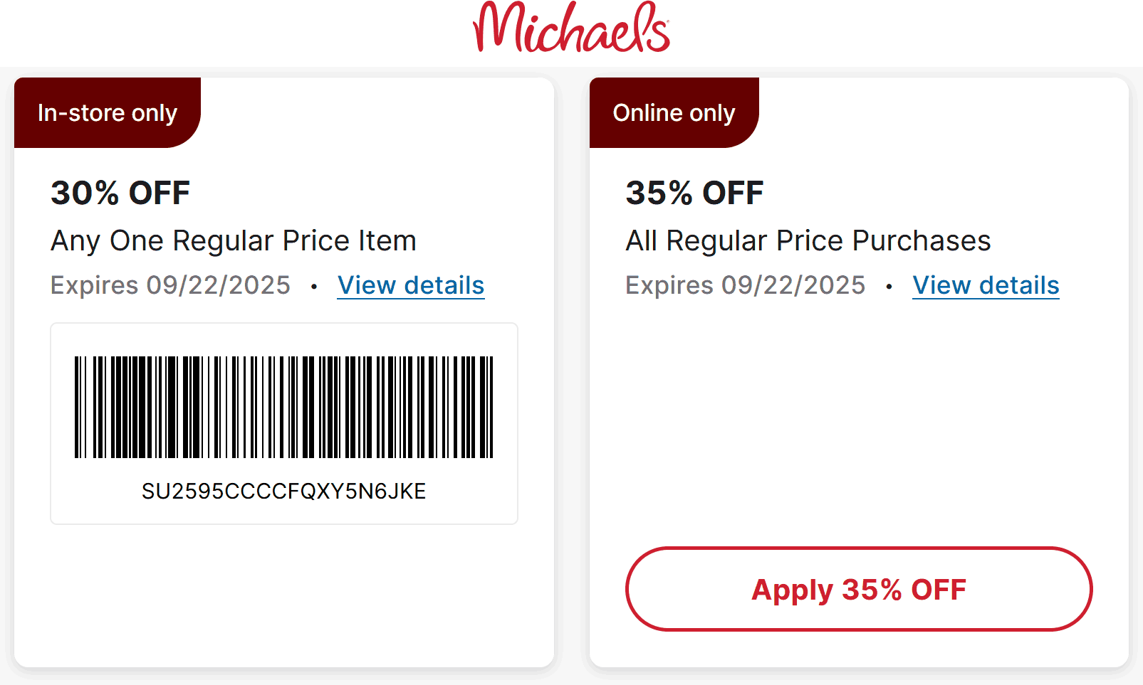 Michaels stores Coupon  30% off a single item today at Michaels, or everything online via promo code SURPRISE35 #michaels 