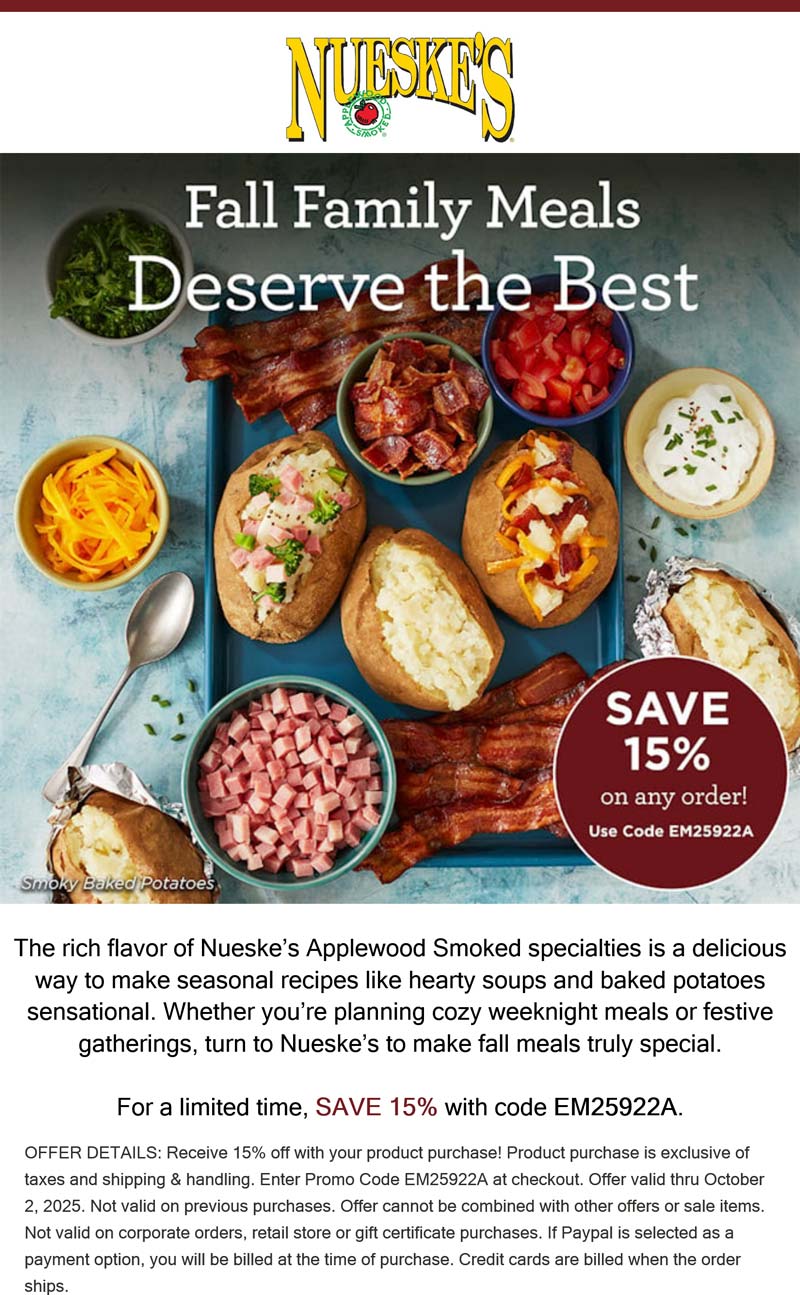 Nueskes stores Coupon  15% off online at Nueskes smoked meats via promo code EM25922A #nueskes 