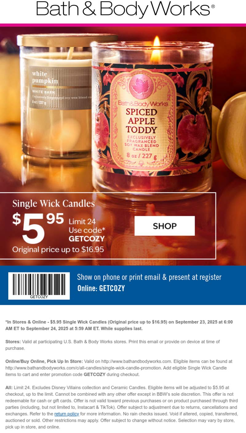 Bath & Body Works stores Coupon  $6 candles today at Bath & Body Works, or online via promo code GETCOZY #bathbodyworks 