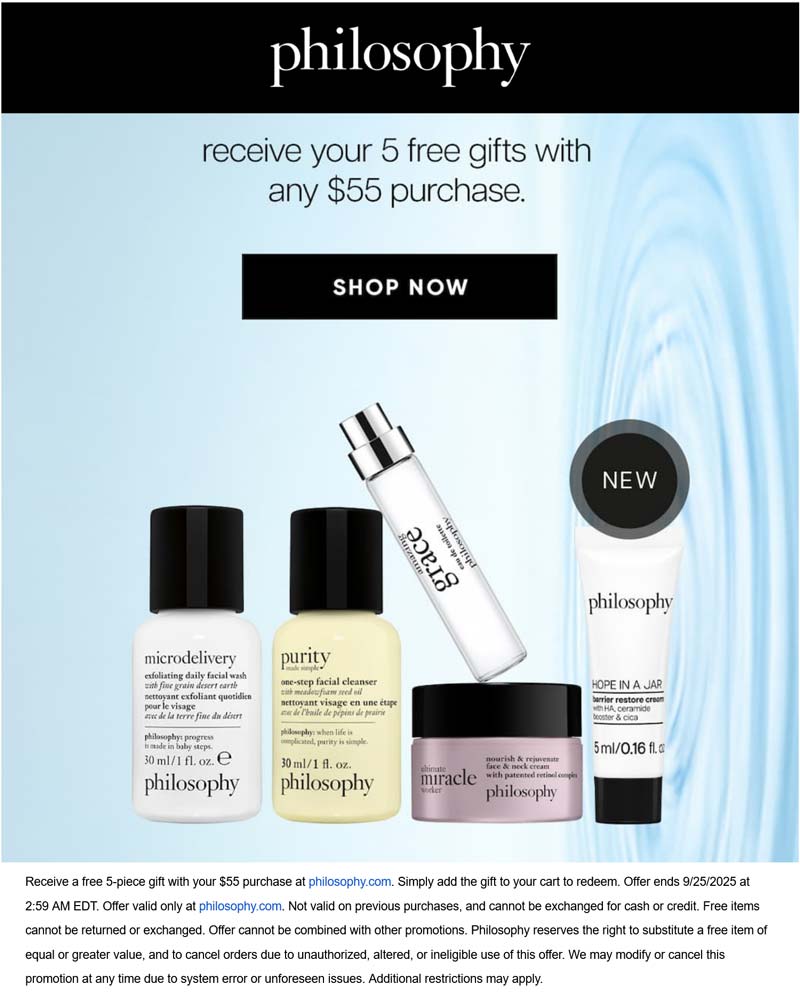 Philosophy stores Coupon  Free 5pc on $55 today online at Philosophy #philosophy 