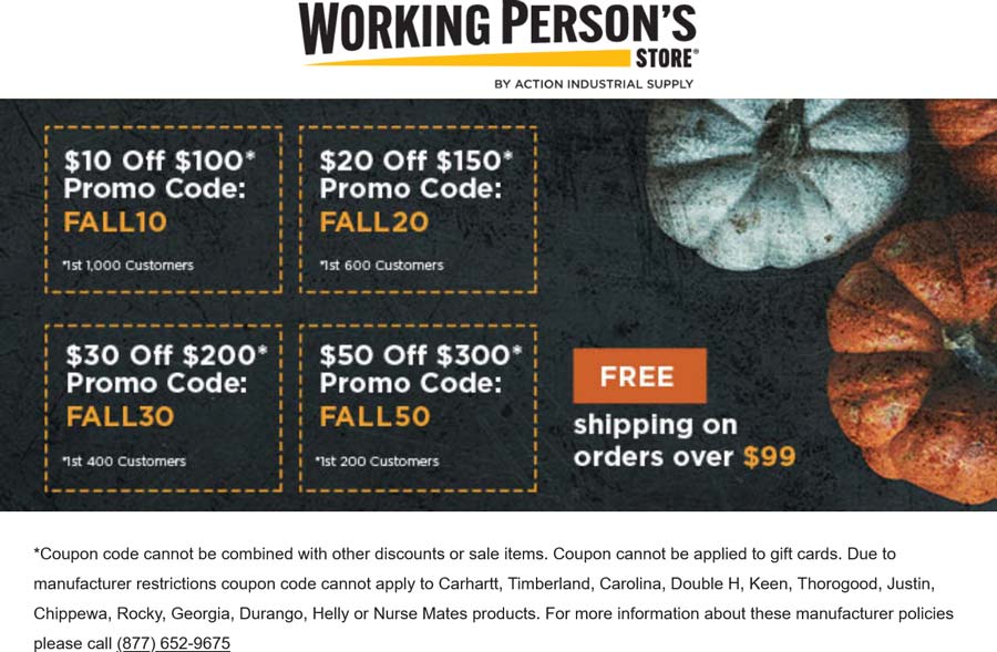 Working Persons Store stores Coupon  $10-$50 off $100+ at Working Persons Store via promo code FALL10 #workingpersonsstore 