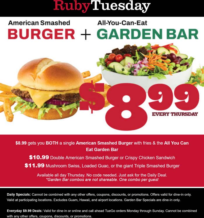 Ruby Tuesday restaurants Coupon  Cheeseburger + fries + bottomless garden bar = $9 today at Ruby Tuesday #rubytuesday 