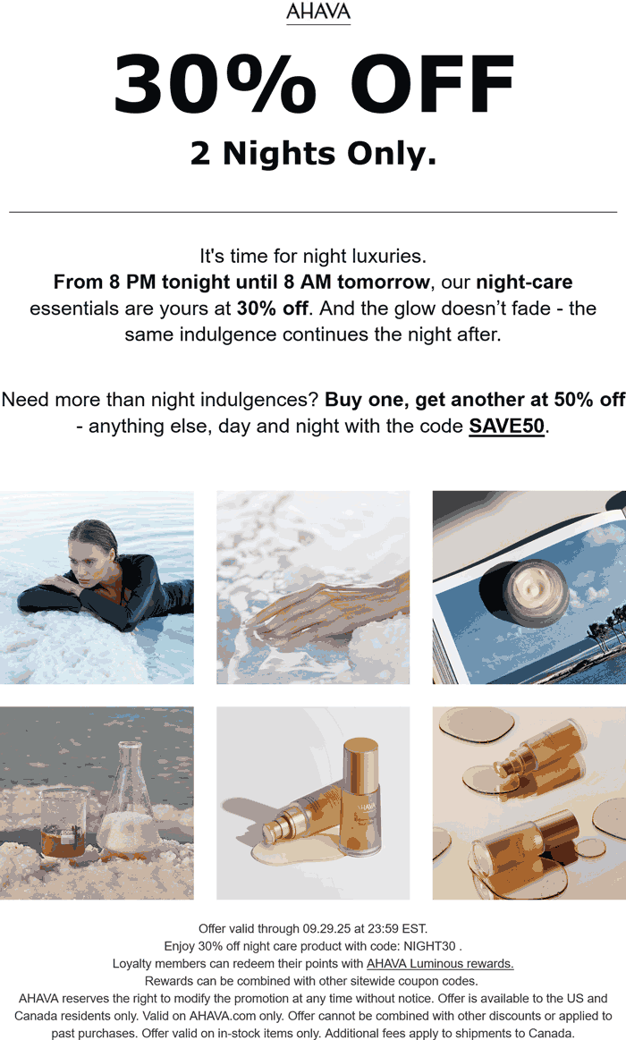 AHAVA stores Coupon  30% off at AHAVA via promo code NIGHT30 #ahava 
