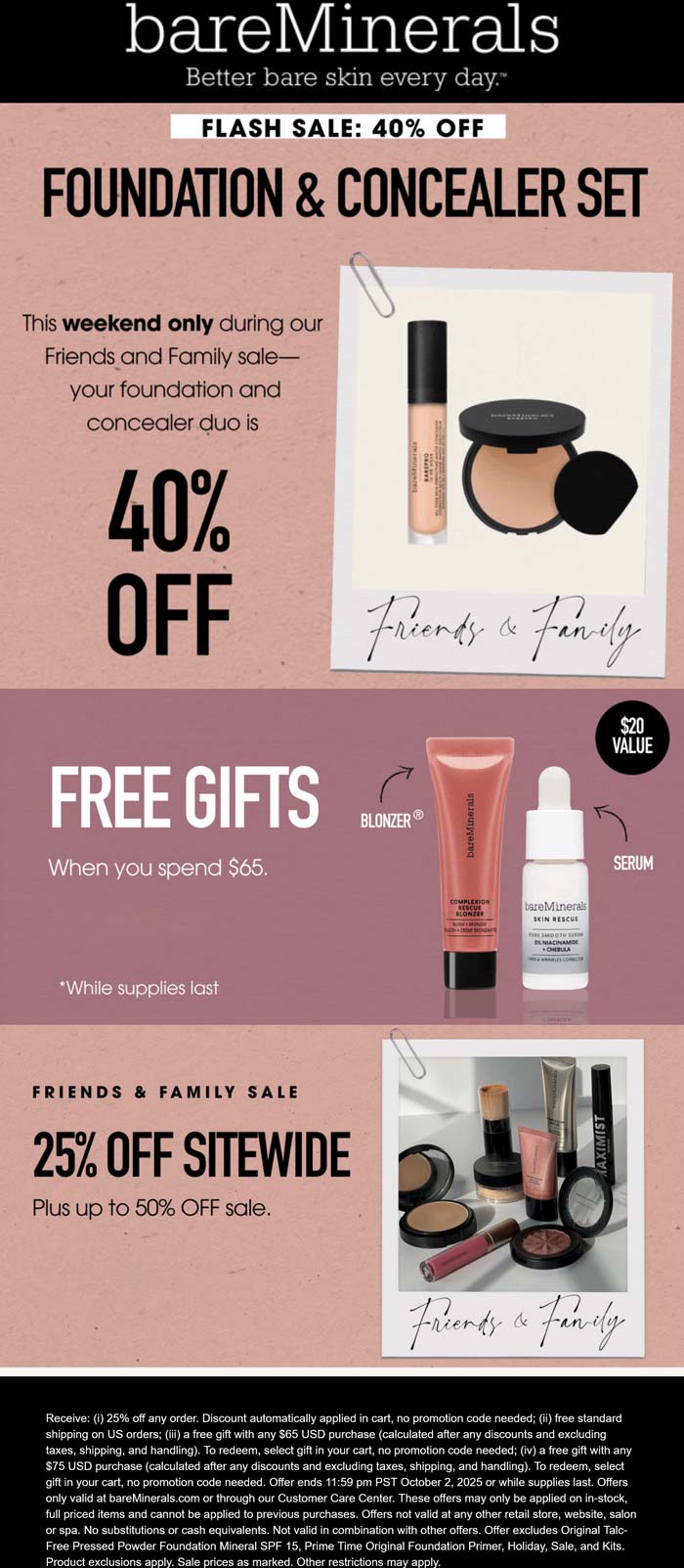 bareMinerals stores Coupon  40% off foundation & sealer + free gifts on $75+ at bareMinerals #bareminerals 