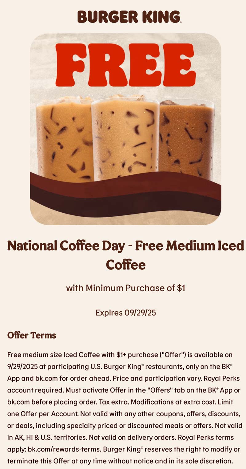 Burger King restaurants Coupon  Free iced coffee on $1 today at Burger King #burgerking 