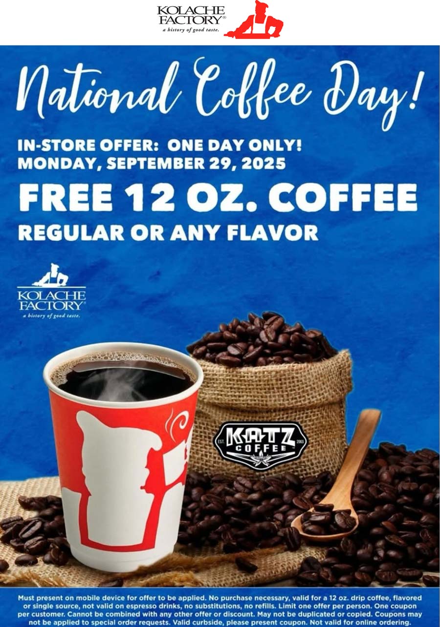 Kolache Factory restaurants Coupon  Free coffee today at Kolache Factory #kolachefactory 