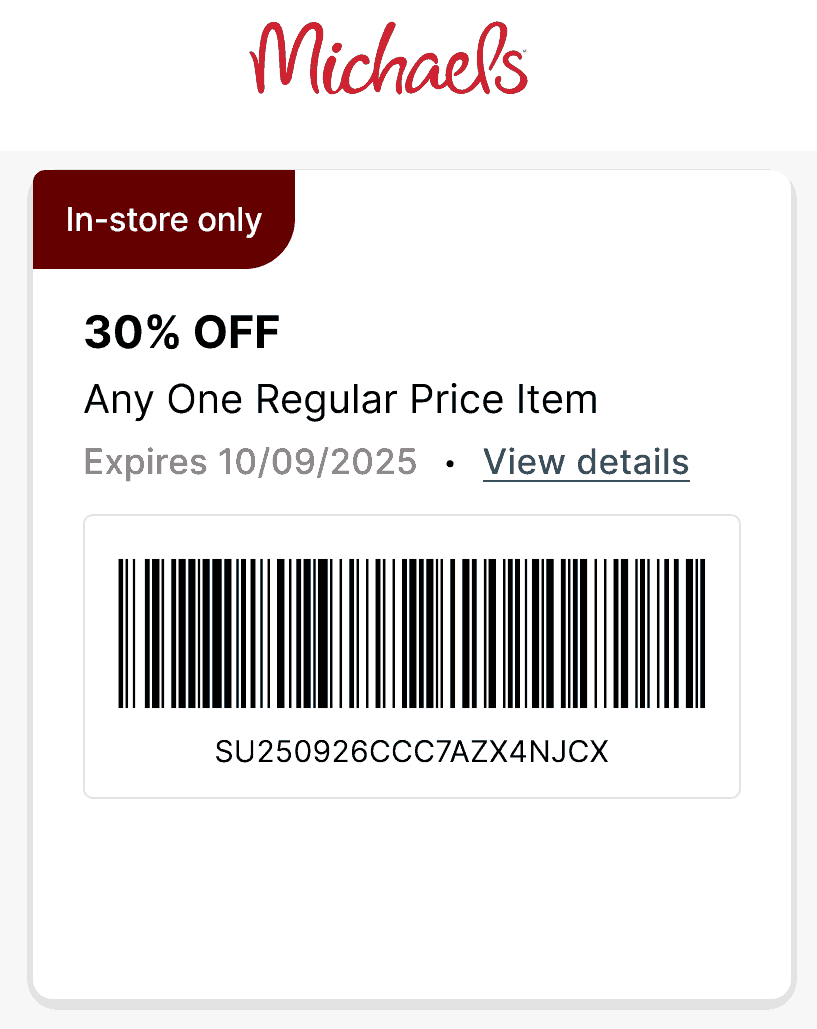 Michaels stores Coupon  30% off a single item at Michaels, or online via promo code CRE8WITH30 #michaels 