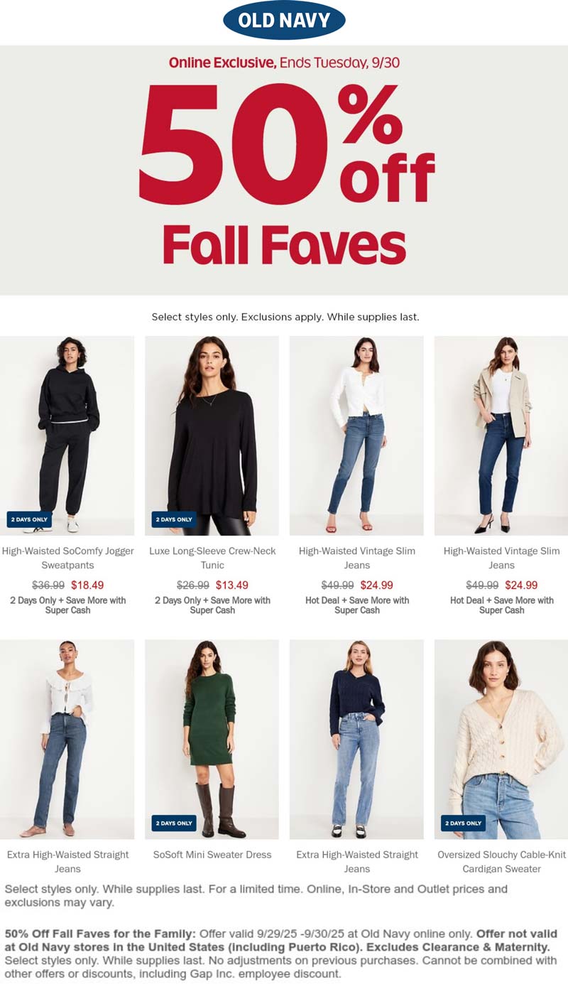 Old Navy stores Coupon  50% off fall faves online at Old Navy #oldnavy 