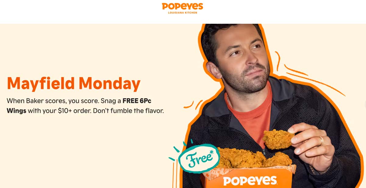 Popeyes restaurants Coupon  Free 6pc chicken wings on $10 today at Popeyes #popeyes 